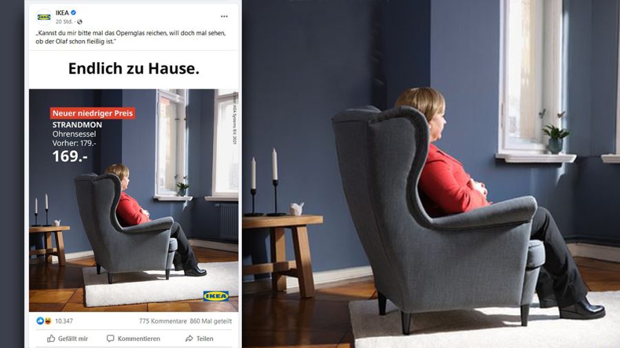 Reclamă inedită la un fotoliu de la IKEA Germania! Este inspirată de încheierea epocii Merkel: „În sfârșit acasă”
