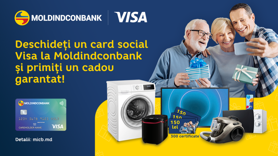 Moldindconbank oferă cadouri garantate și premii pentru beneficiarii cardurilor sociale VISA